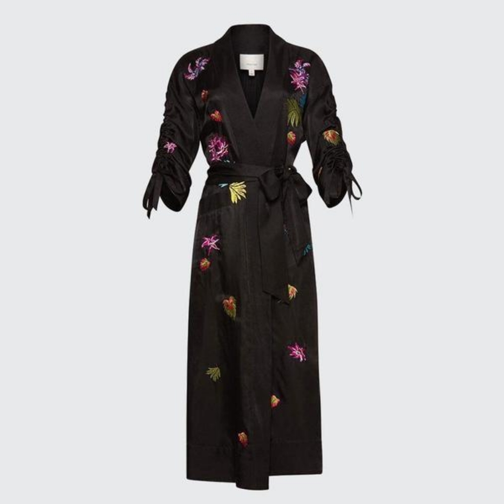 Cinq a sept aziza black multi embroidered kimono jacket robe M/L NWT msrp:$795
